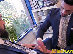 Cute guy enjoys servicing his boss's big cock in his tight rear end