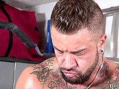 Tall tattooed homosexual harshly plumbs his tiny twink slut