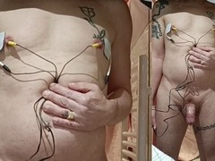 E-stim electrifies the deep curves of my pierced boobs, cum included