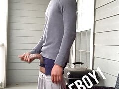 Men jerks and cums outside his porch