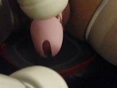 Crossdresser cums in pink chastity magic wand