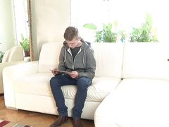 Young cute Patrik poses for casting and masturbates his hard big cock
