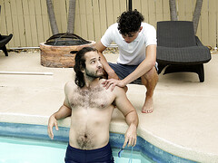 Hairy man and his young stepbrother share the pool side for sex