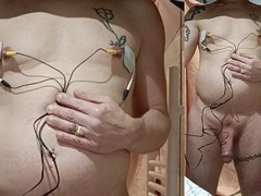 E-stim electrifies the deep curves of my pierced boobs, cum included