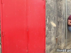 BDSM gay sub blowing dick while blindfolded