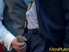 Executive has his hard dick slobbered on and his ass pounded