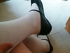 Black Mary Jane with White Long Sock Tease