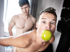 Two guys begin the stuffing and it turns in a 3some