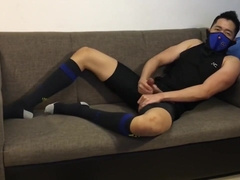 Post-workout jerk-off: Slowmo cum in tights and football socks