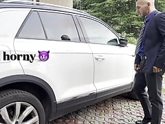 businessman is riding the dildo outdoor in public and he is cumming outside by the road