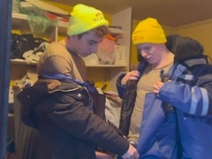 Stepdad caught - stepson and friend passionately kiss and then passionately fuck in the closet