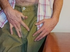 Rockard Daddy strokes his enormous uncut cock while getting off at work