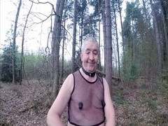 Outdoor encounter in the woods with a mature Andy in lingerie and average size dick