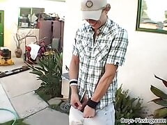 Blond gay Shane Allen peed on by Bleu Perry and Ian Madrox