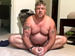 Plump, gay dad bod, naked stretching