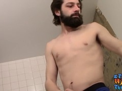 Horny construction worker plays with his hard tool and showers himself with cum