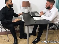 Bearded studs worship feet mutually and masturbates together