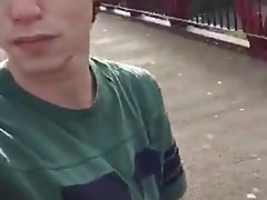 Twink jerks off in public