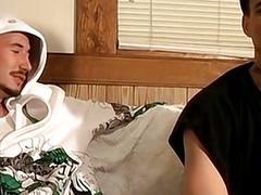 Two straight thugs stroke their long cocks and cum