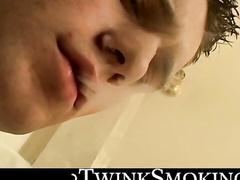 Jock Bryce Corbin oozed cum after blowing smoke & jerking in the hallway