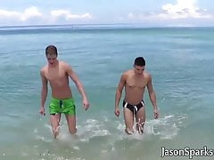 Tattooed muscle twink bareback pounding young gay after BJ