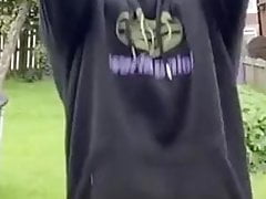 Young guy doing a back flip with a huge bulge in shorts