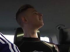 Slim twinks enjoy threeway in a van