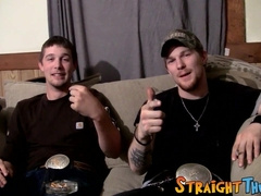 Two straight dudes fool around while masturbating their cocks