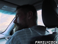 Bearded stepdad bare fucks his cute stepson on the backseat