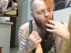 Gay sloppy blowjob, body harness, long distance