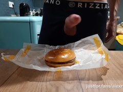 Bulky naughty teenage smashes a burger with a massive shaft and finishes off in it