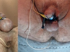 Electric stimulation session with overflowing pre-cum and vigorous anal play