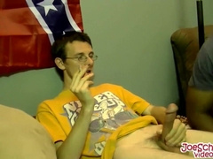 Black dude sucks a dick while stroking two other hard cocks
