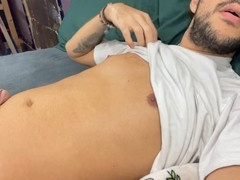 Hunky guy cums on himself with massive cock in hot solo session