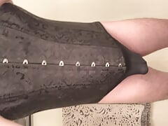 Sissy cuckold cumming in black corset and thong panties