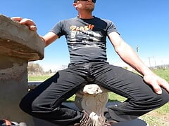 Pissing cum-stained punk jeans in a public park