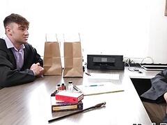 Handsome oiled BJ hunk in sexy thongs sucks cock in office