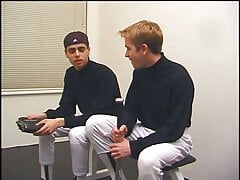 Blonde and brunette baseball studs suck cocks and pound ass