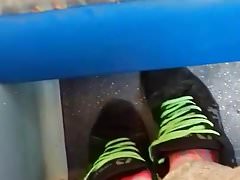His stinky pink socks on the bus tease