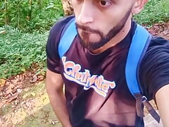 Big Uncut Cock Latino Jerking Outdoors in the Woods and Eating His Tasty Cum Careful Not to Get Caught