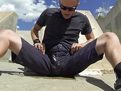 Public piss and cum inside black athletic shorts