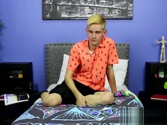 Skinny little twink with big fat dick tugs after interview