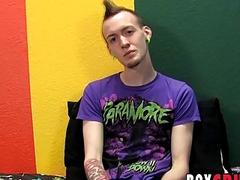 Skinny punk rock twink strips to masturbate after an interview