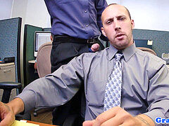 Office stud wanking pecker during assfuck trio