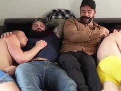 Stepdads walk in on their teen twinks having fun and join the wild four-way action