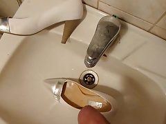 Piss in wifes silver and white high heel shoe