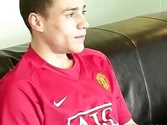 Handsome young Brit masturbates and cums after an interview