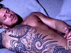 muscular tatted boy solo onanism