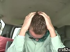 Straight blindfold dude gets gay cumshot in pickup van