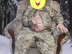 Ukrainian soldier relieves himself in the chilly winter forest with his big member